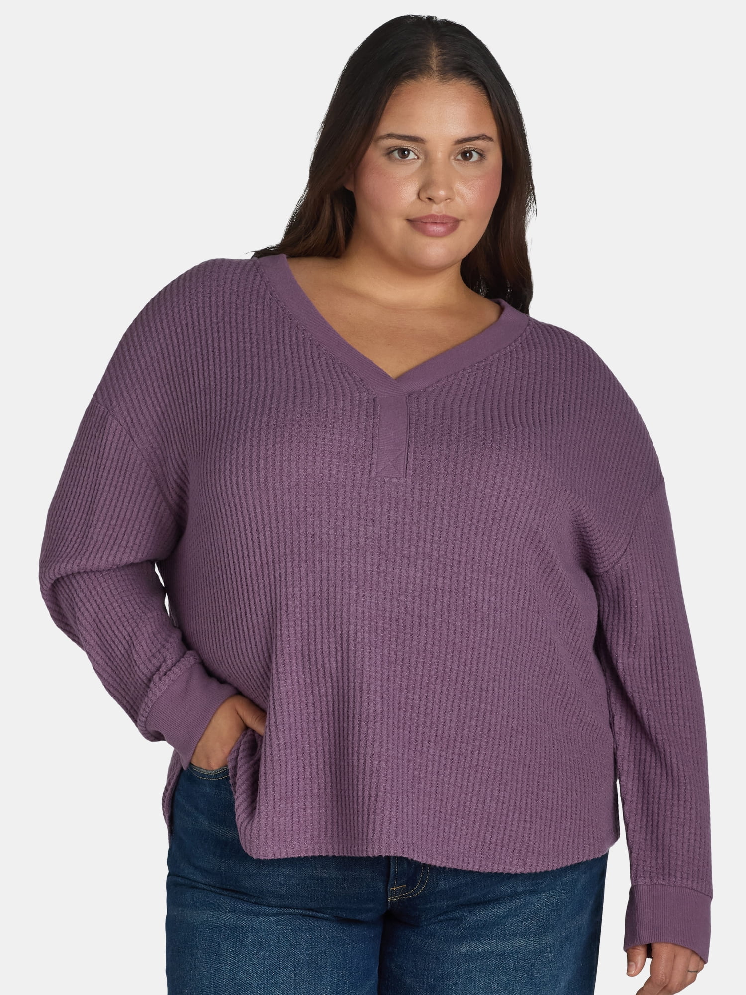 Terra & Sky Women’s Plus Waffle V Neck Henley Top, Sizes 0X-5X