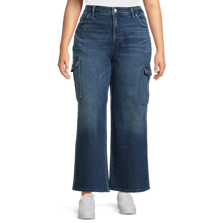 Terra & Sky Women's Plus Wide Leg Stretch Denim Cargo Jeans
