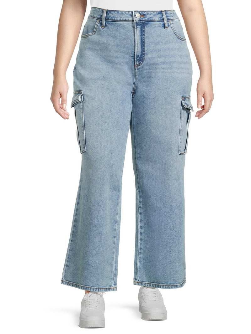 Terra & Sky Women's Plus Wide Leg Stretch Cargo Jeans, 30 Terra & Sky Women's Plus Wide Leg Stretch Cargo Jeans, 30