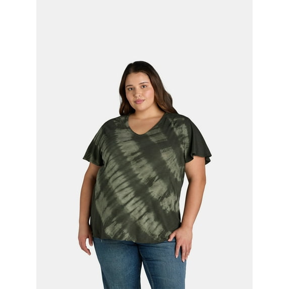 Terra & Sky Women's Tie Dye Top with Flutter Sleeves, Sizes 0X-4X
