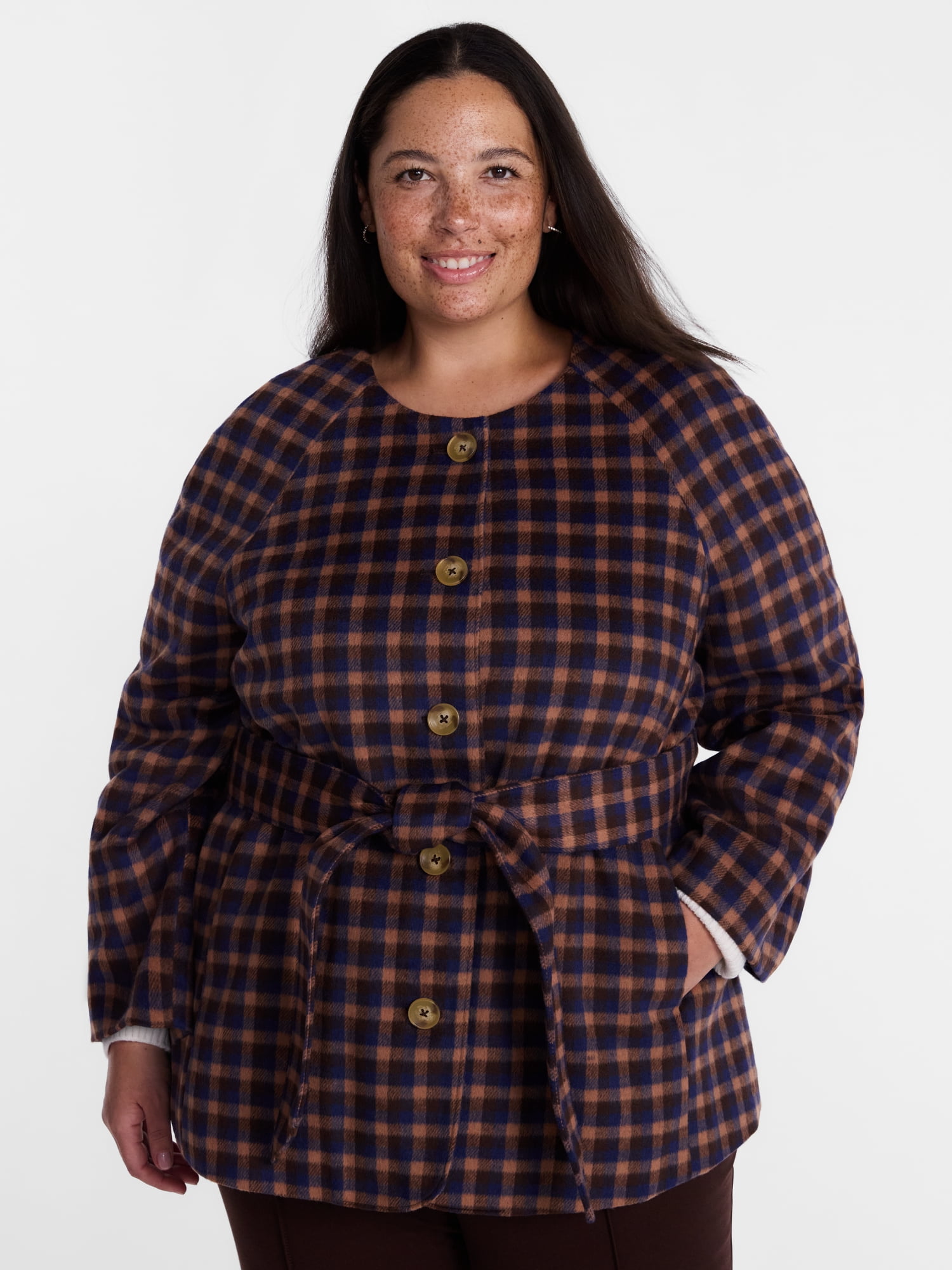 Terra & Sky Women’s Plus Belted Button Front Coat with Long Sleeves, Sizes 0X-5X