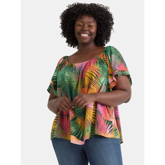 Terra & Sky Women's Plus Convertible Blouse with Short Sleeves, Sizes 0X-5X