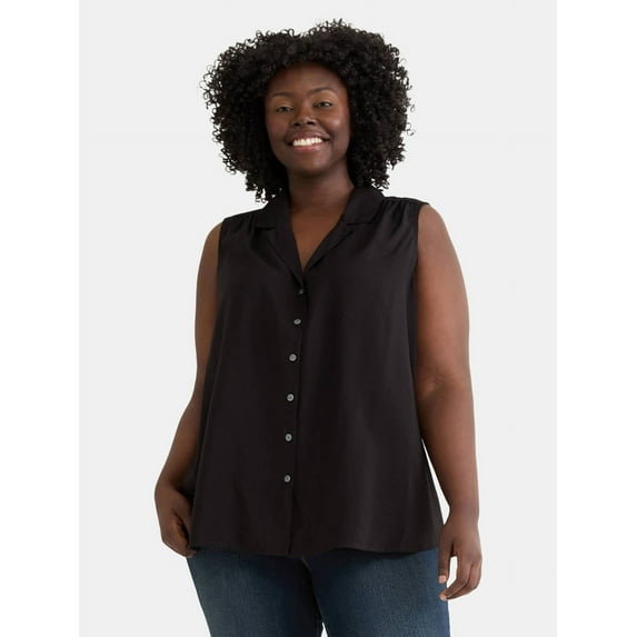 Terra & Sky Woven's Plus Size Sleeveless Camp Shirt