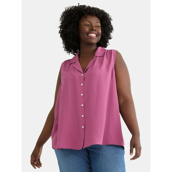 Terra & Sky Woven's Plus Size Sleeveless Camp Shirt