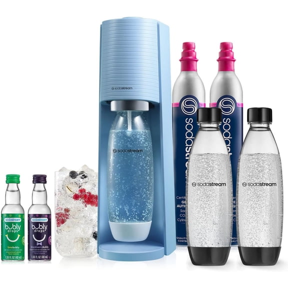 Terra Sparkling Water Maker VALUE BUNDLE CQC CO2 system Includes 2x CO2 Cylinders 3x 32 Fl Oz Dishwasher Safe Bottles 2x Bubly Flavor Drops Combine with Flavors Misty Blue