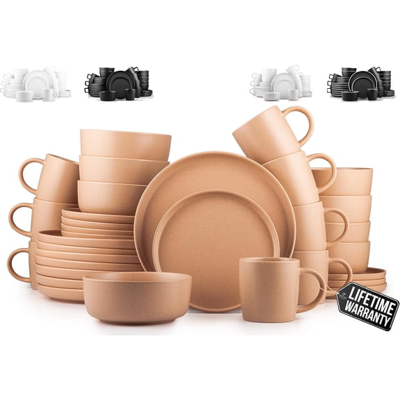 Terra Stoneware 32-Piece Dinnerware Set, Artisanal Ceramic Plates and Bowls Set Crafted at 2300 - Service for 8, Terracotta Clay