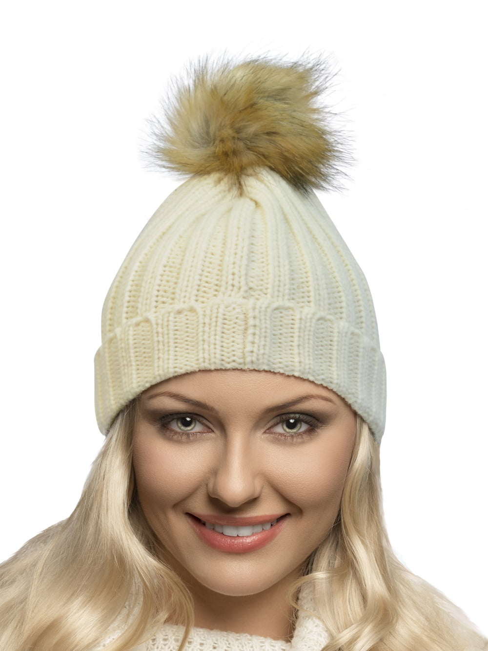 Women's Winter Chunky Knit Beanie Hat with Double Faux Fur Pom Pom Ears  (White) 