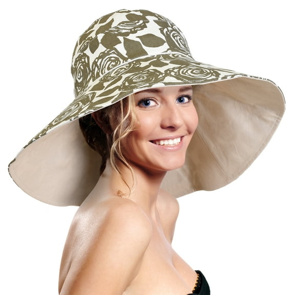 Terra Women Sun Hat Packable Wide Brim UV Protection Beach Hat Foldable Floppy Cap Rose Pattern,Grey