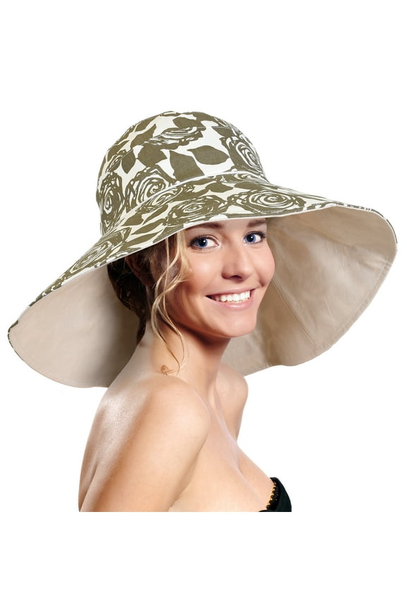 Women Sun Hat Packable Wide Brim UV Protection Beach Hat Foldable Floppy Cap Rose Pattern,Grey