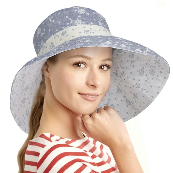 Terra Womens Floppy Beach Summer Hat Reversible Sunhat Packable Wide Brim Flower Pattern Navy