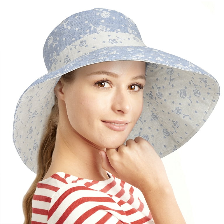 Terra Womens Sun Hat Floppy Beach Summer Reversible Cap Wide Brim Floral  Blue