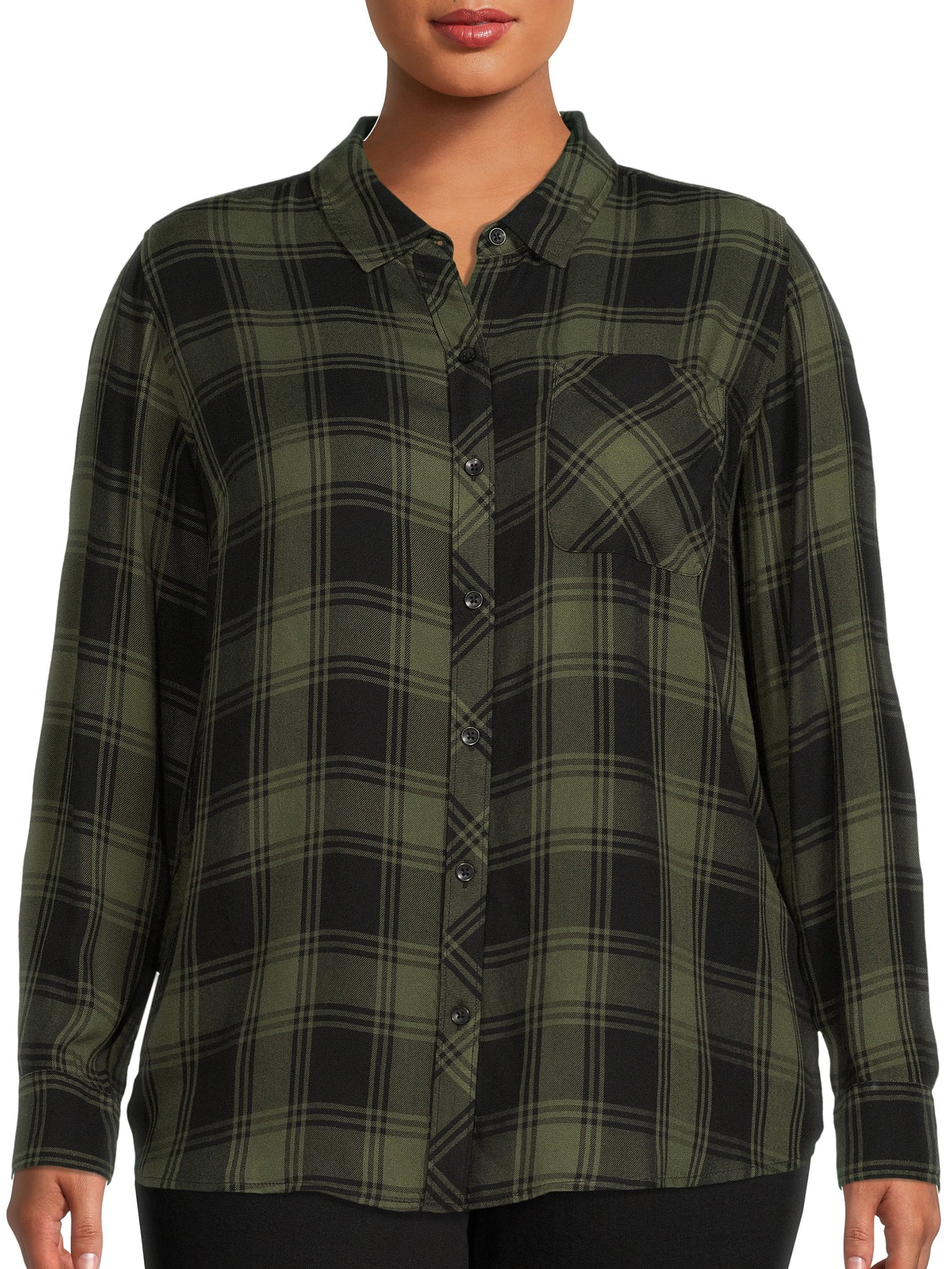 Terra and Sky Collared Pockets Plaid Viscose, Casual Shirt (Women's)