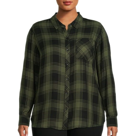 Terra and Sky Collared Pockets Plaid Viscose, Casual Shirt (Women's)