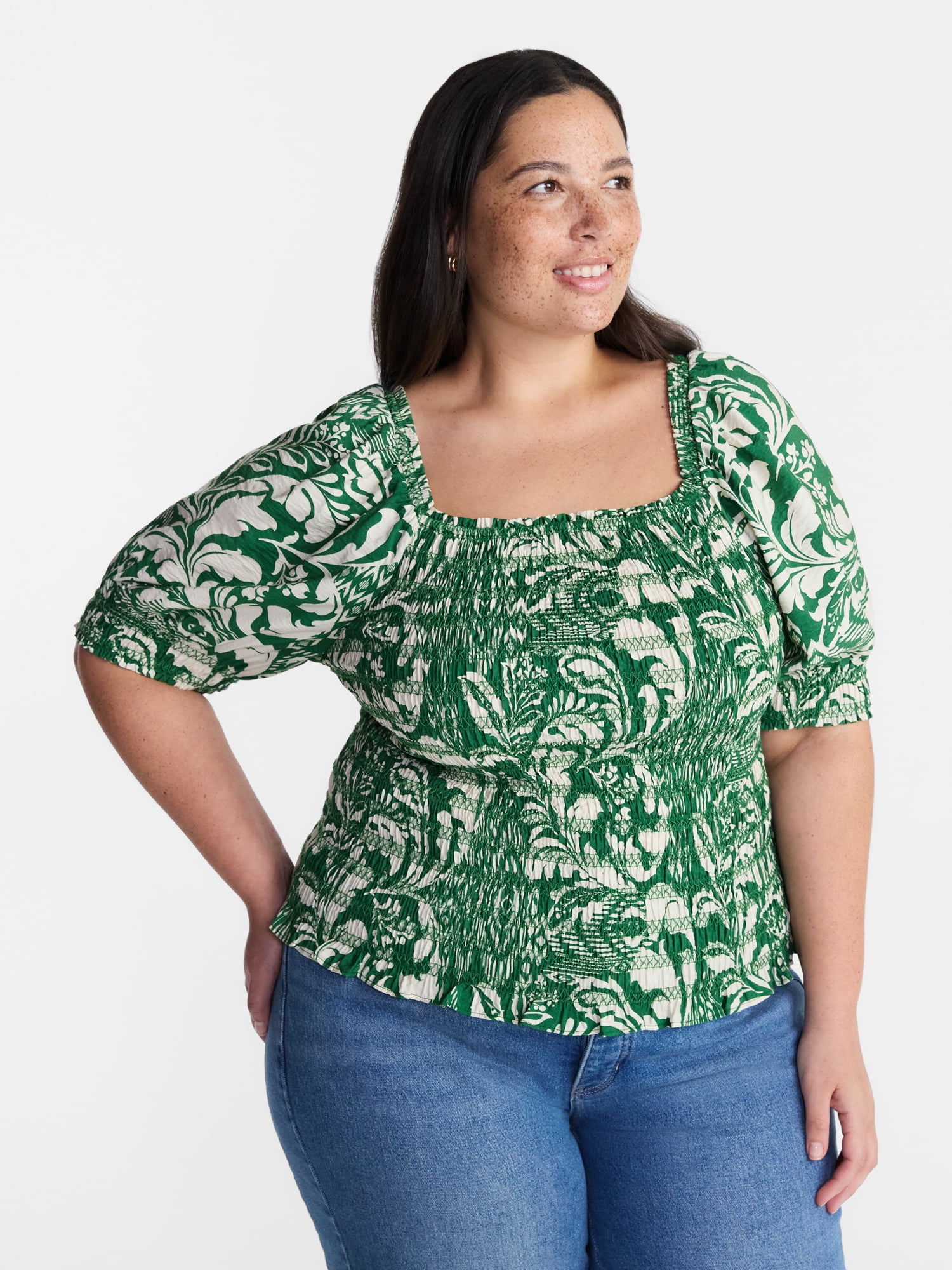 Terra and Sky Women’s Plus Smocked Blouse with Elbow Length Sleeves, Sizes 0X-4X