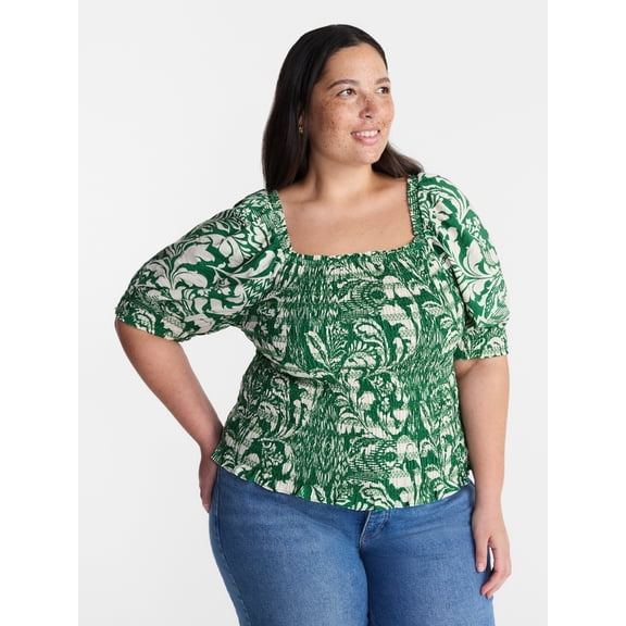 Terra and Sky Women’s Plus Smocked Blouse with Elbow Length Sleeves, Sizes 0X-4X