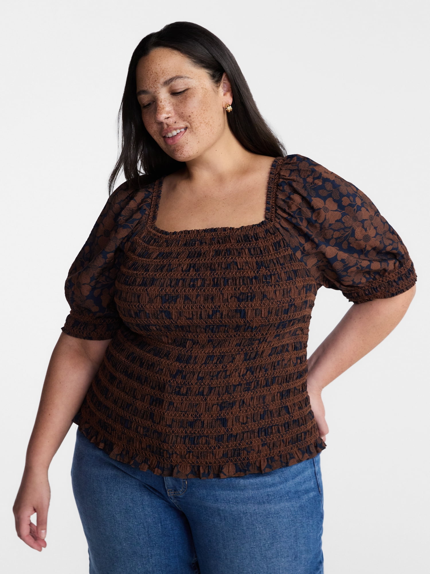 Terra and Sky Women’s Plus Smocked Blouse with Elbow Length Sleeves, Sizes 0X-4X