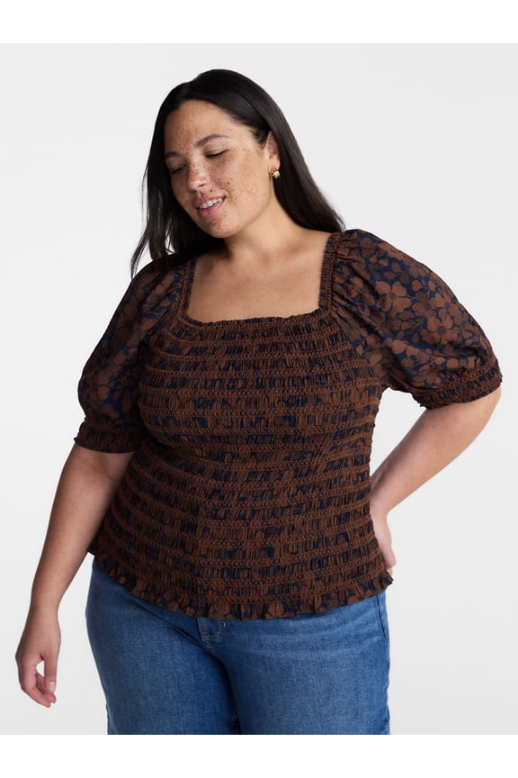 Terra and Sky Women’s Plus Smocked Blouse with Elbow Length Sleeves, Sizes 0X-4X