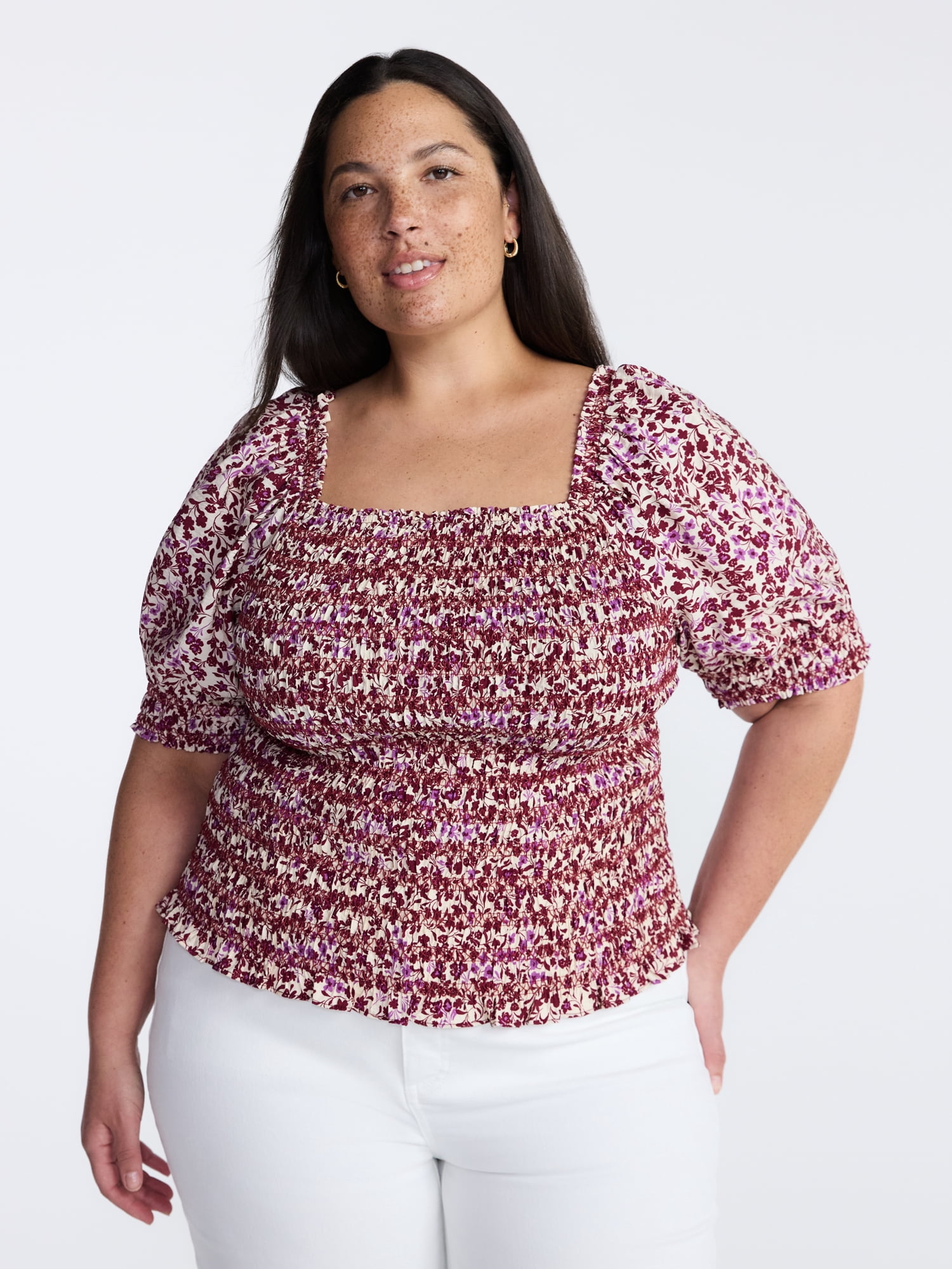 Terra and Sky Elbow Sleeve Smocked Bodice Blouse, Sizes 0X-5X