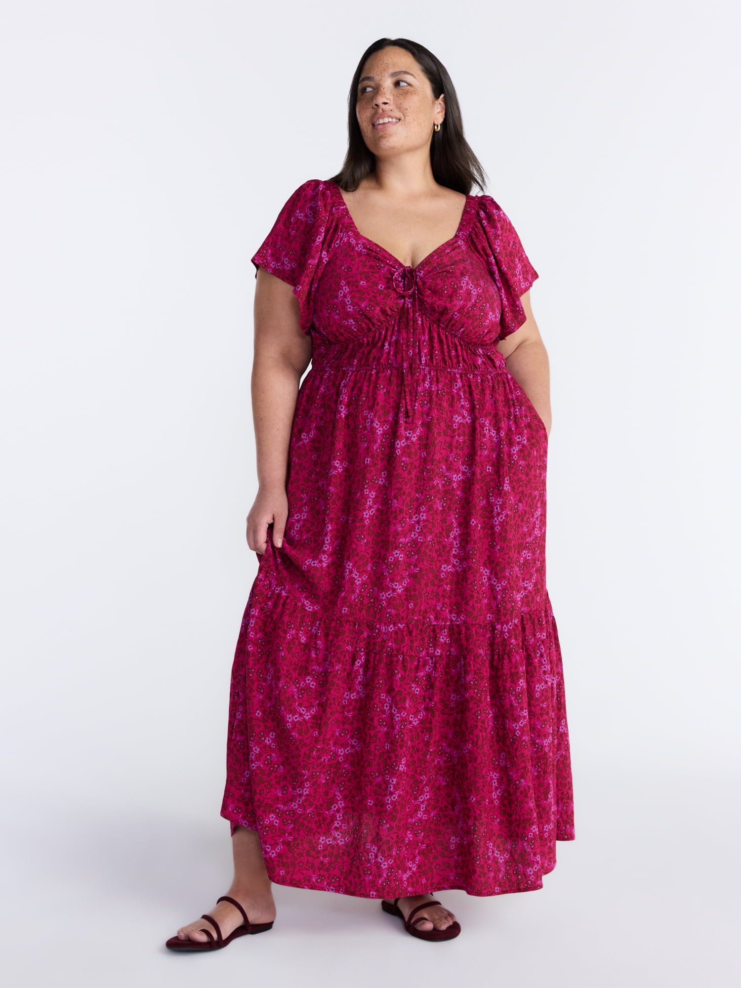 Terra & Sky Women’s Plus Sweetheart Maxi Dress with Short Flutter Sleeves, Sizes 0X-5X