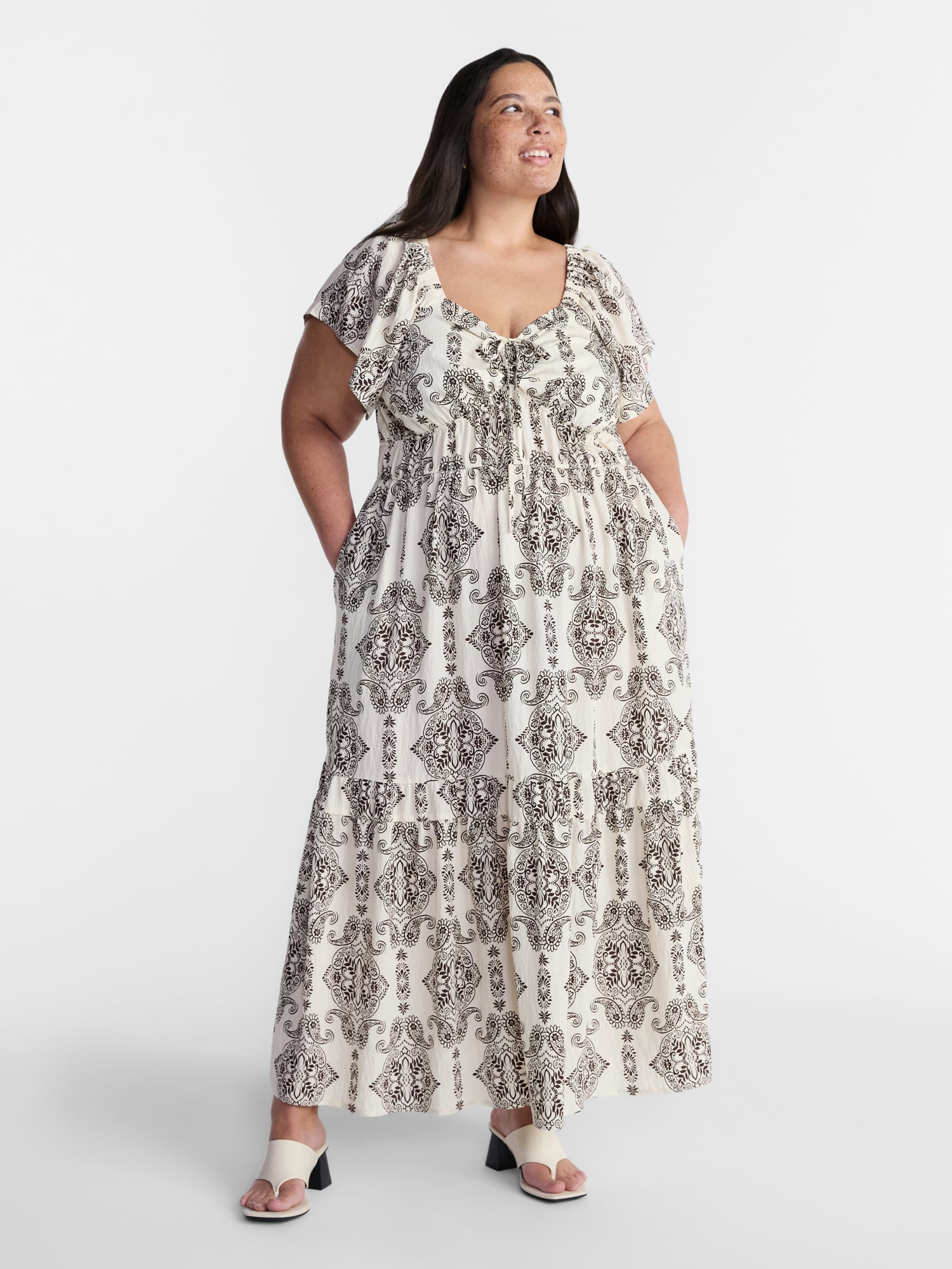 Terra & Sky Women’s Plus Sweetheart Maxi Dress with Short Flutter Sleeves, Sizes 0X-5X