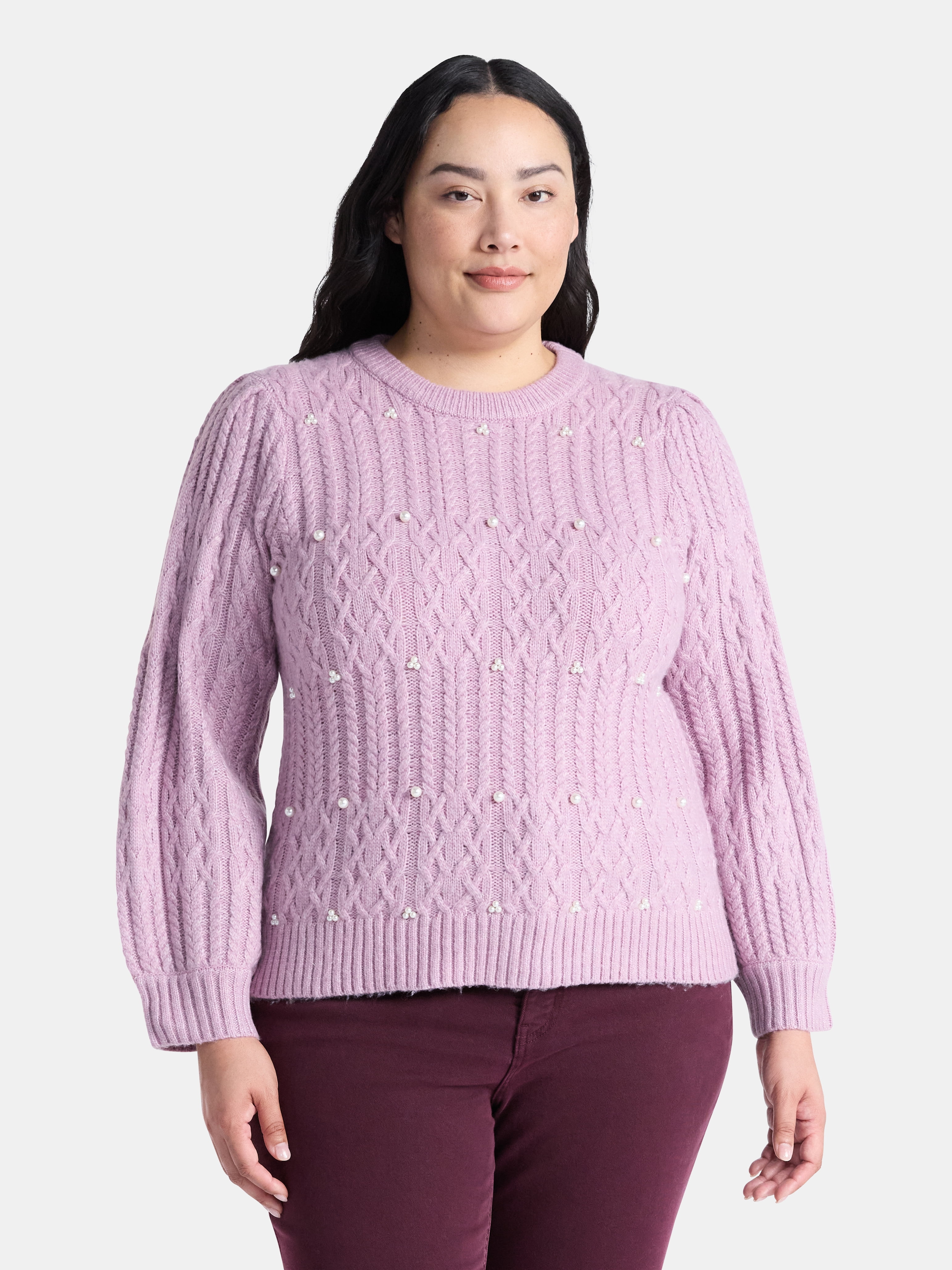 Terra & Sky Women’s Plus Cable Knit Sweater with Faux Pearls, Lightweight, Sizes 0X-5X