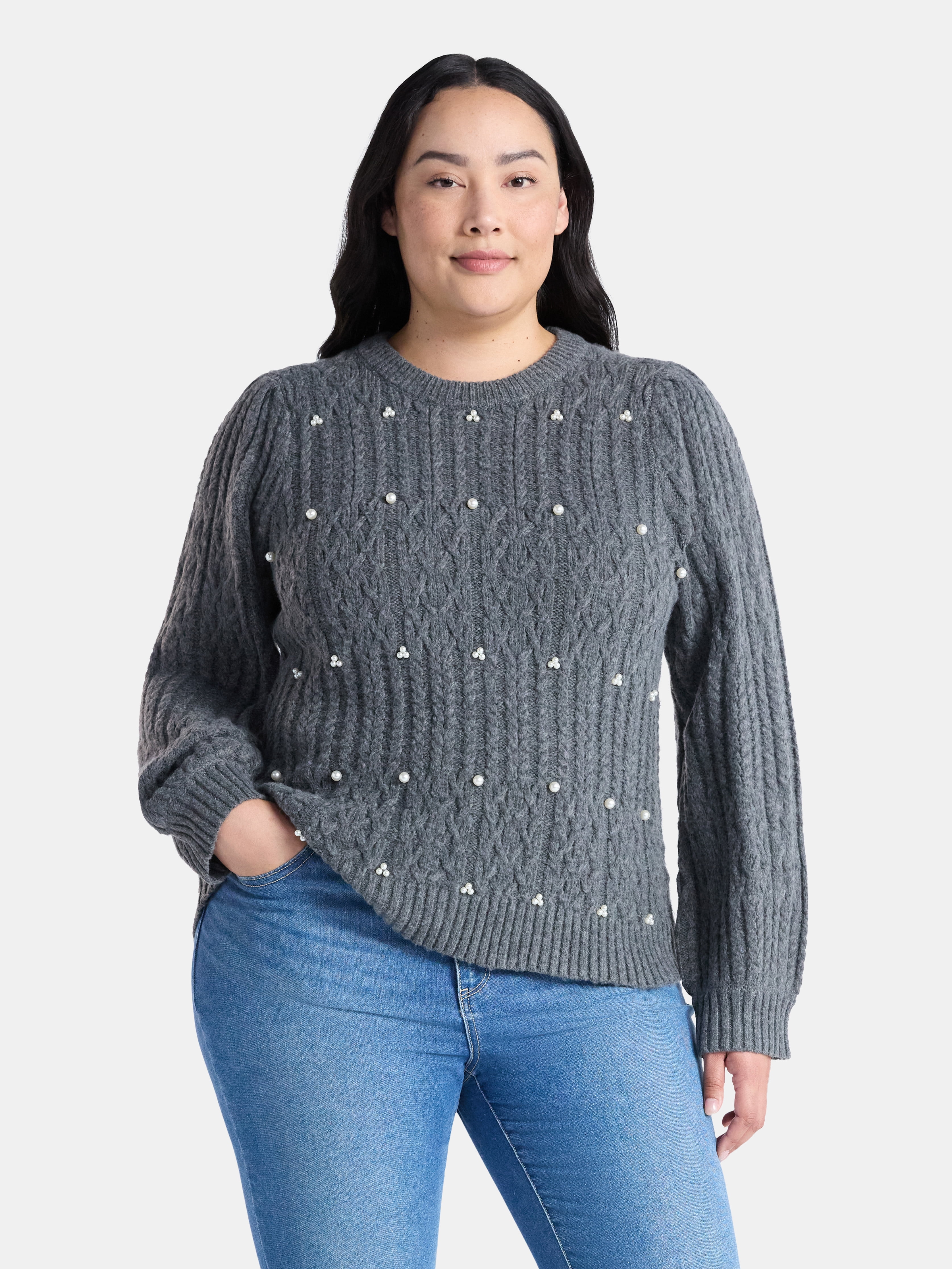 Terra & Sky Women’s Plus Cable Knit Sweater with Faux Pearls