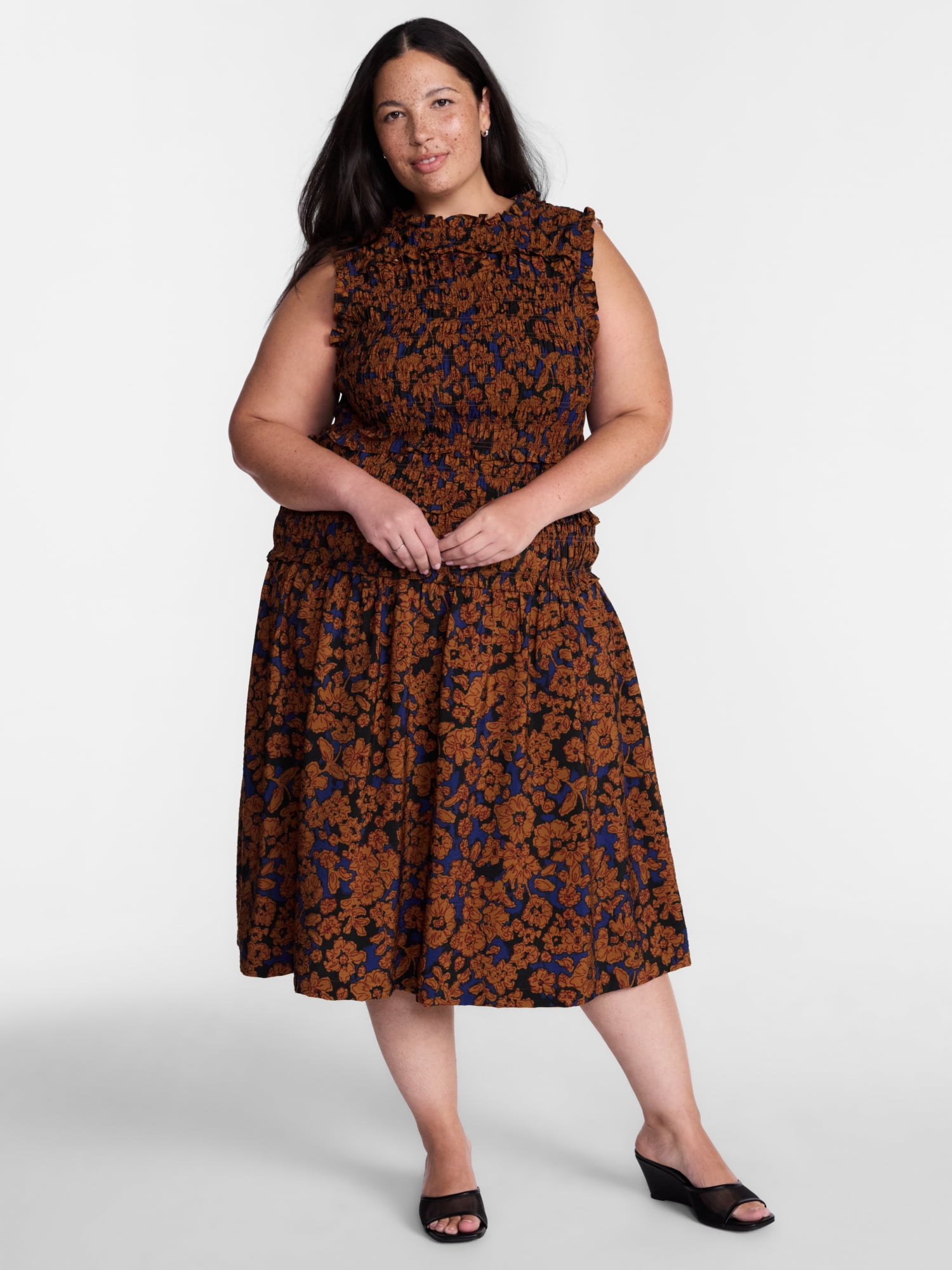 Terra & Sky Women's Plus Smocked Sleeveless Midi Dress, Sizes 0X-4X