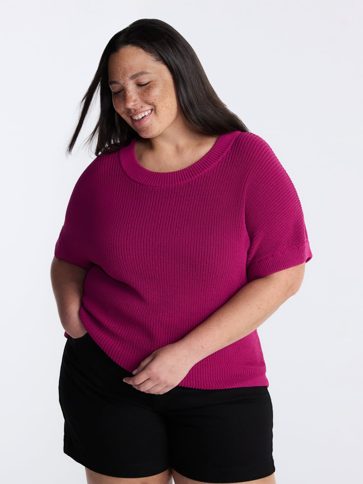Terra & Sky Women’s Plus Crewneck Sweater with Short Dolman Sleeves, Midweight, Sizes 0X-5X