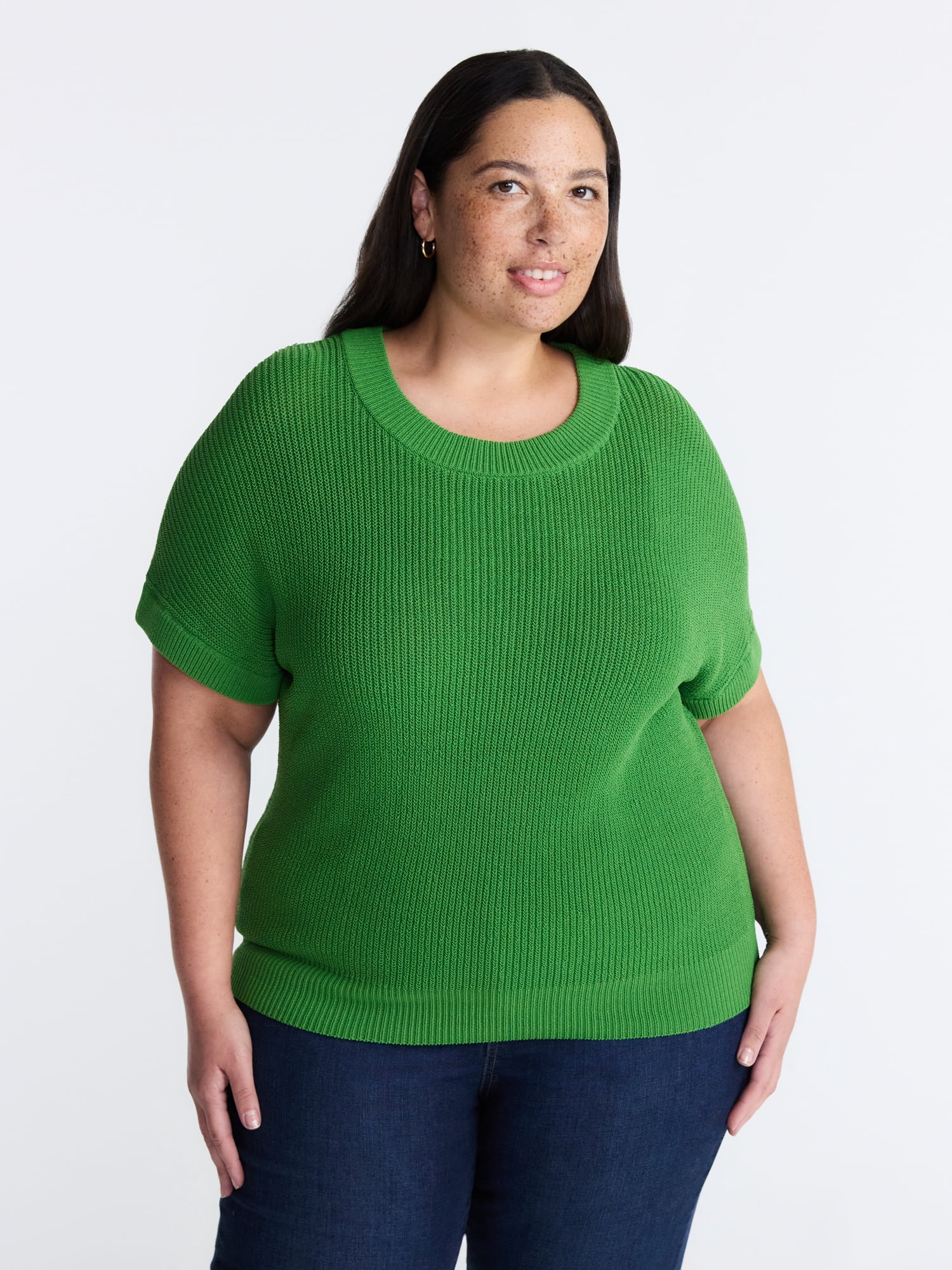 Terra & Sky Women’s Plus Crewneck Sweater with Short Dolman Sleeves, Midweight, Sizes 0X-5X