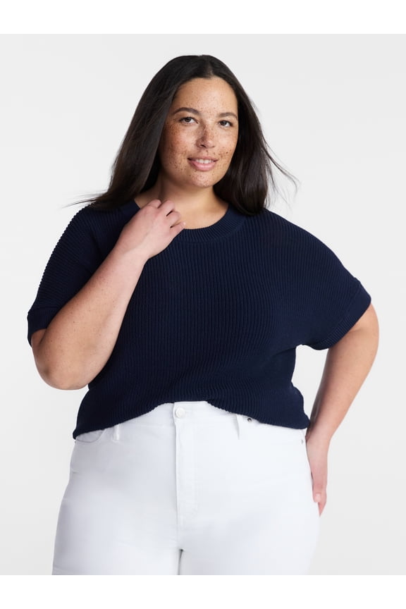 Women’s Plus Crewneck Sweater with Short Dolman Sleeves, Midweight, Sizes 0X-5X