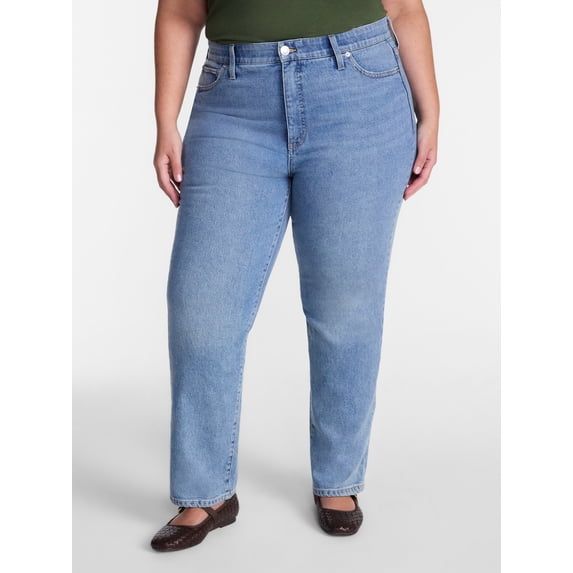 Terra and Sky Women's High Rise Denim Straight Leg Jean, 29" Regular, 27" Short and 31" Long Inseam, Sizes 16W-28W
