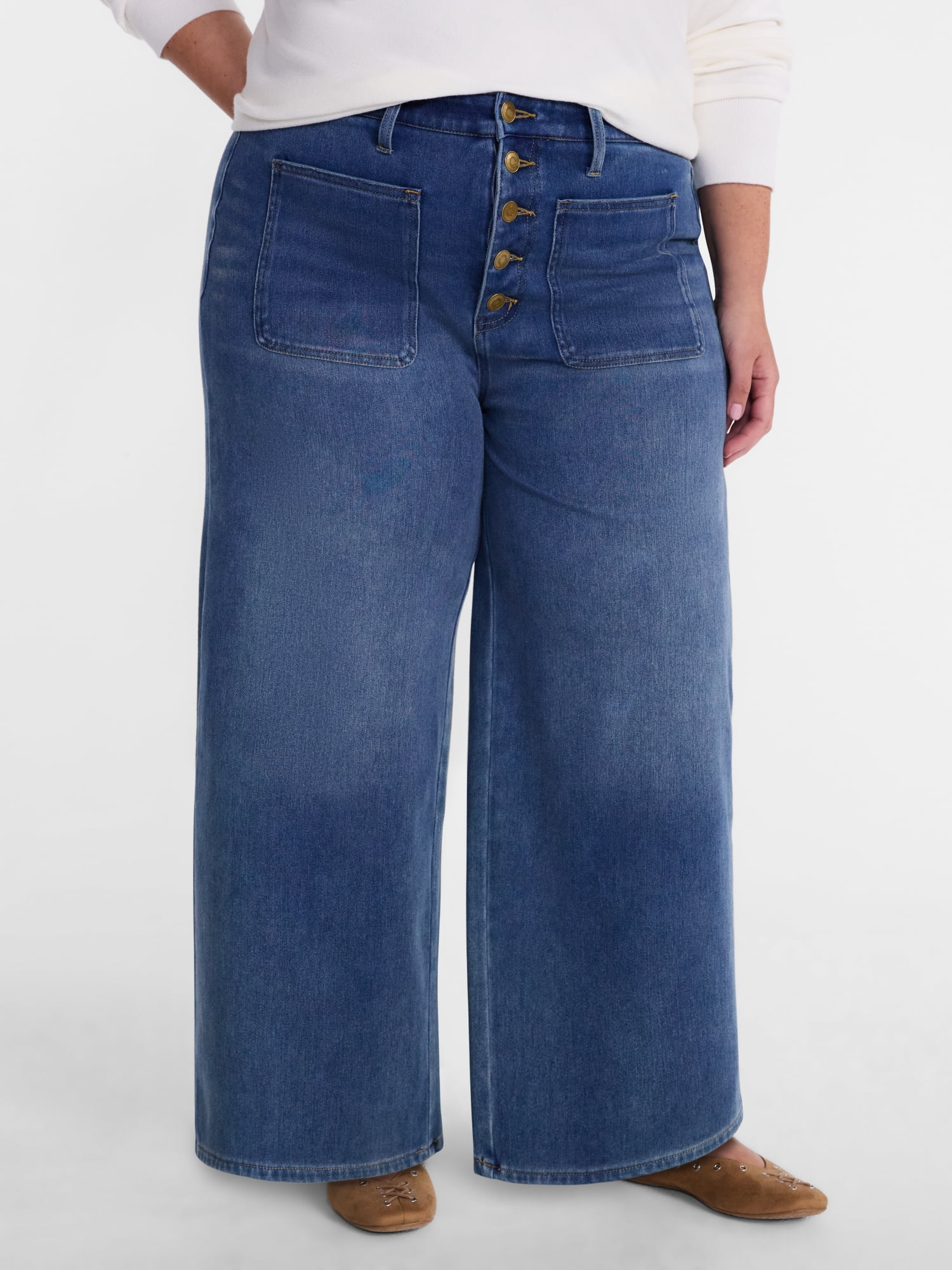 Terra and Sky Women's Plus Cropped Patch Pocket Wide Leg Jeans, 26" Inseam, Sizes 16W-24W
