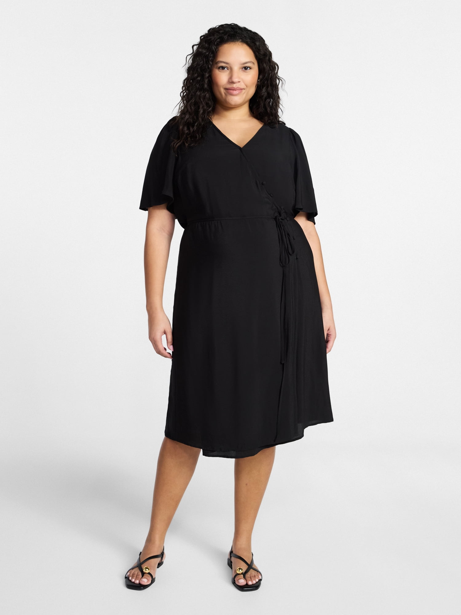 Terra & Sky Women's Plus Size Midi Wrap Dress with Elbow Sleeves, Sizes 0X-5X