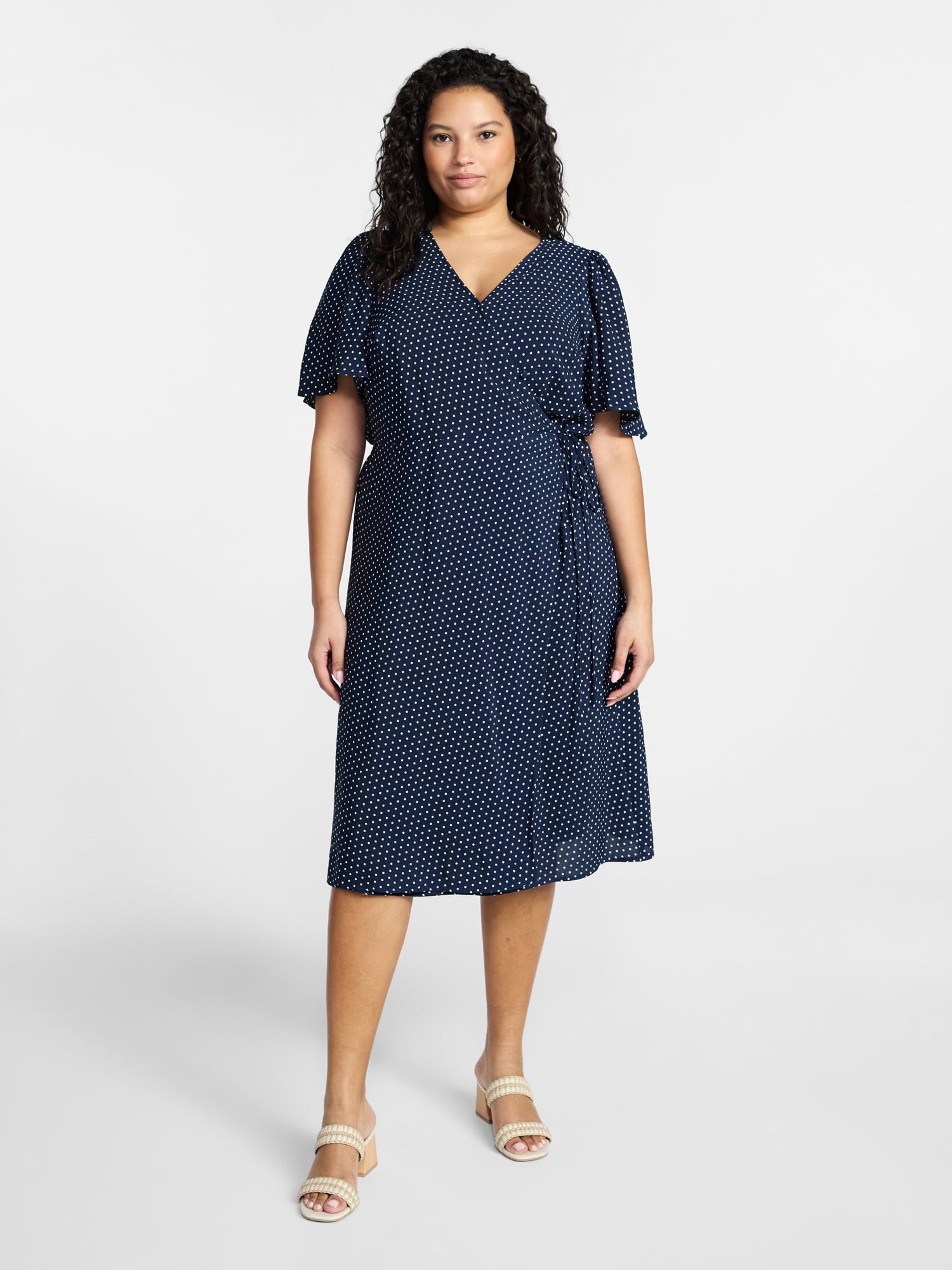 Terra & Sky Women's Plus Size Midi Wrap Dress with Elbow Sleeves, Sizes 0X-5X