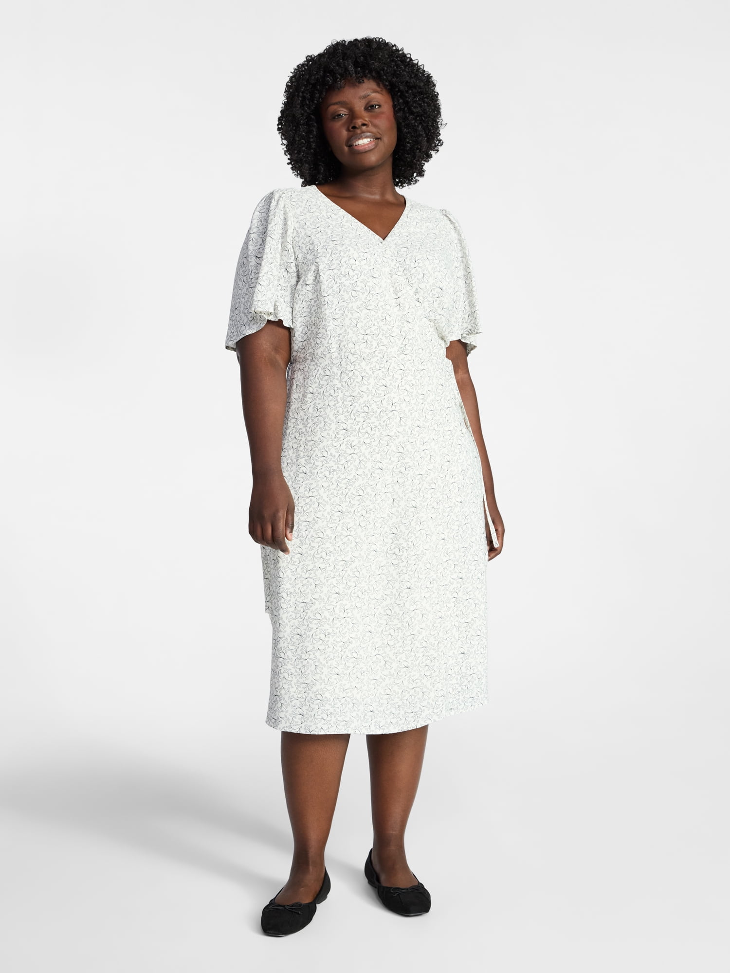 Terra & Sky Women's Plus Size Midi Wrap Dress with Elbow Sleeves, Sizes 0X-5X