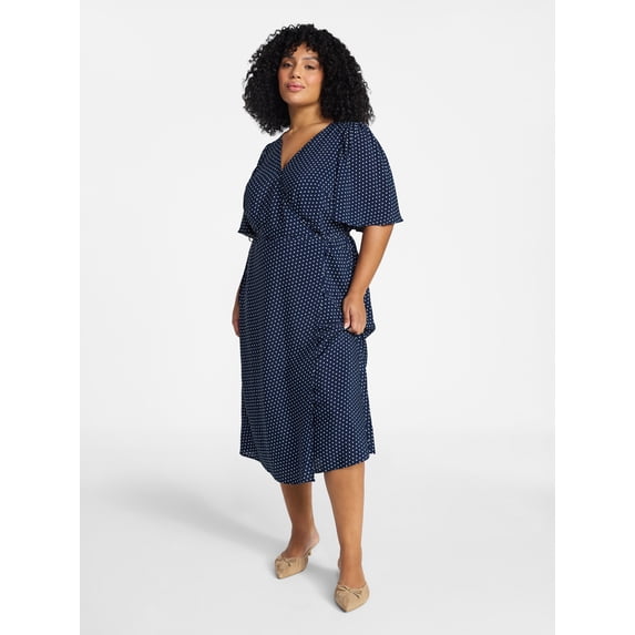 Terra & Sky Women's Plus Size Midi Wrap Dress with Elbow Sleeves, Sizes 0X-5X