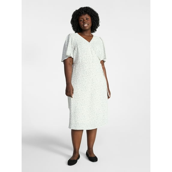 Terra & Sky Women's Plus Size Midi Wrap Dress with Elbow Sleeves, Sizes 0X-5X