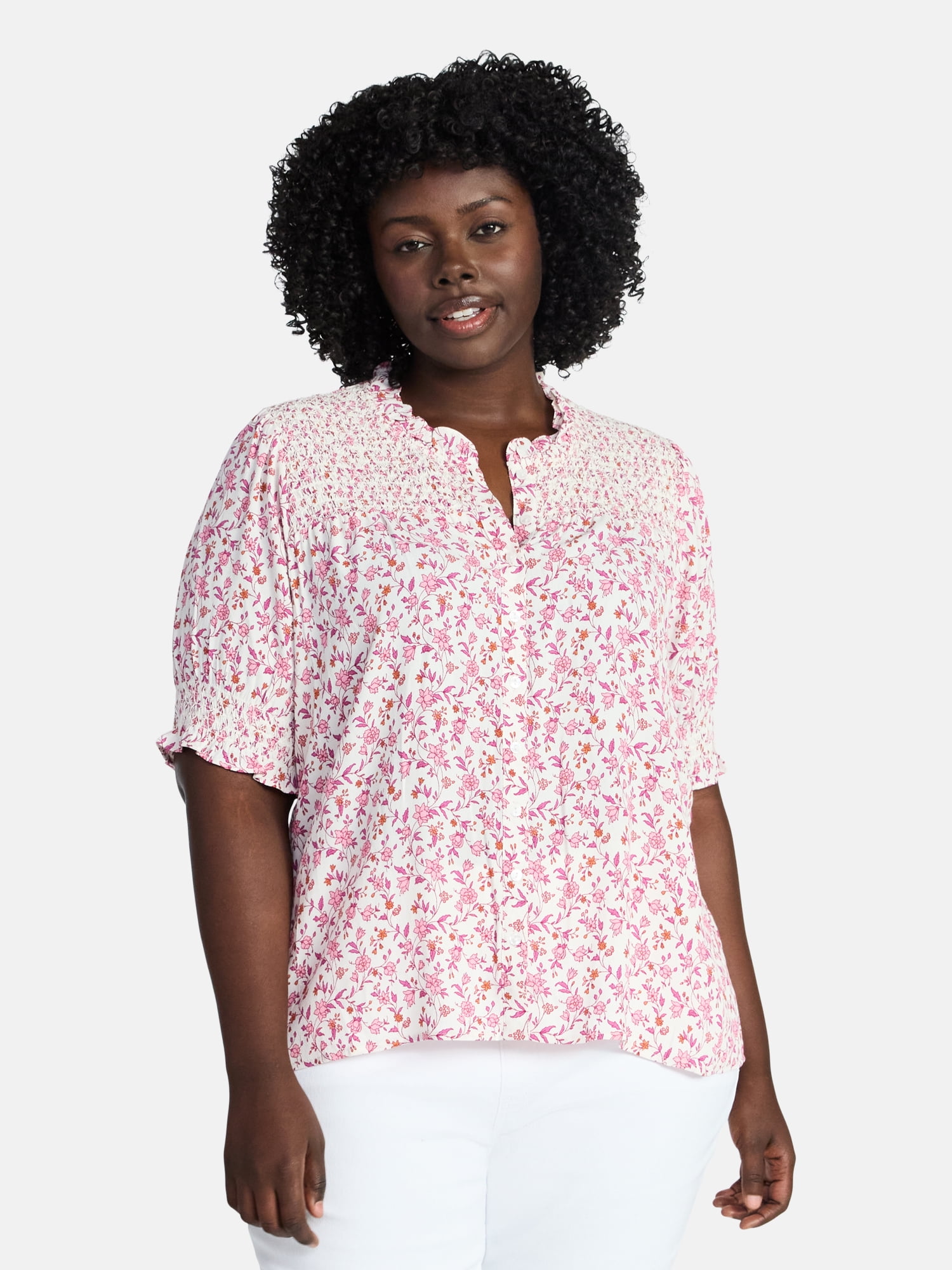 Terra & Sky Women's Plus Size Smock Yoke Top with Elbow Sleeves, Sizes 0X-5X