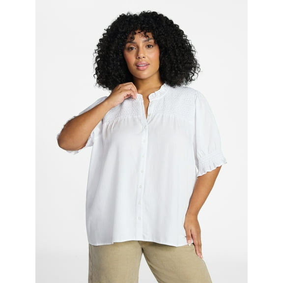 Terra & Sky Women's Plus Size Smock Yoke Top with Elbow Sleeves, Sizes 0X-5X