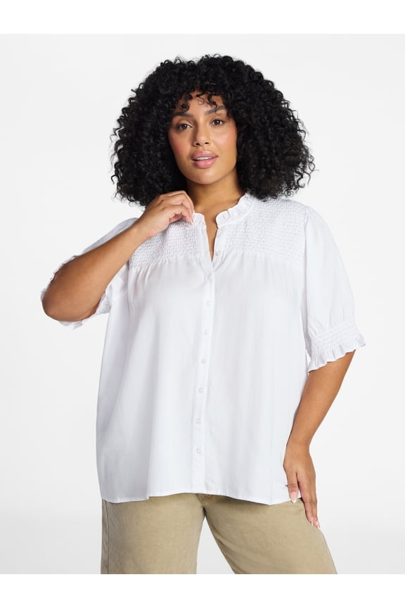 Women's Plus Size Smock Yoke Top with Elbow Sleeves, Sizes 0X-5X