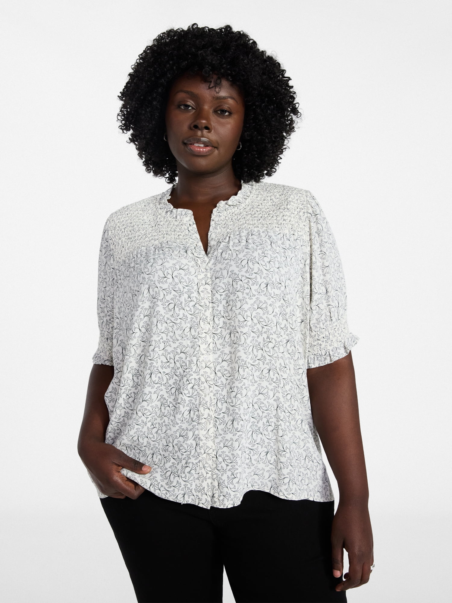 Terra & Sky Women's Plus Size Smock Yoke Top with Elbow Sleeves, Sizes 0X-5X