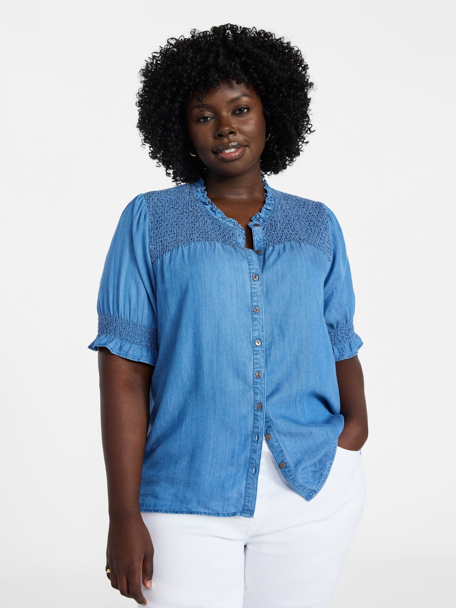 Women's Plus Size Smock Yoke Top with Elbow Sleeves, Sizes 0X-5X