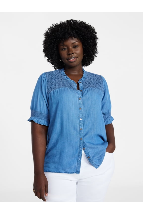 Women's Plus Size Smock Yoke Top with Elbow Sleeves, Sizes 0X-5X