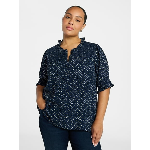 Terra & Sky Women's Plus Size Smock Yoke Top with Elbow Sleeves, Sizes 0X-5X