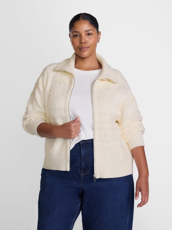 Terra and Sky Women's Plus Faux Shearling Full Zip Sweater, Midweight, Sizes 0X-5X
