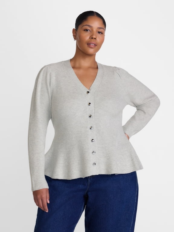 Terra and Sky Women's Plus Fit and Flare Ribbed Knit Cardigan, Lightweight, Sizes 0X-5X