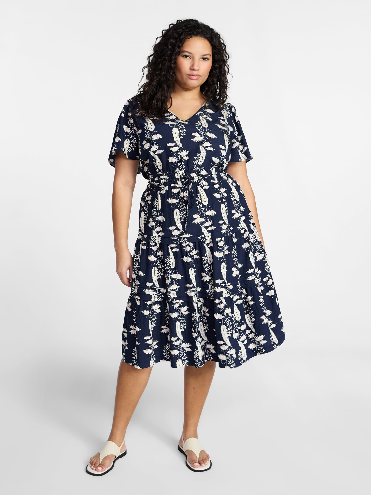 Women's Plus Size Midi Dress with Flutter Sleeves, Sizes 0X-5X