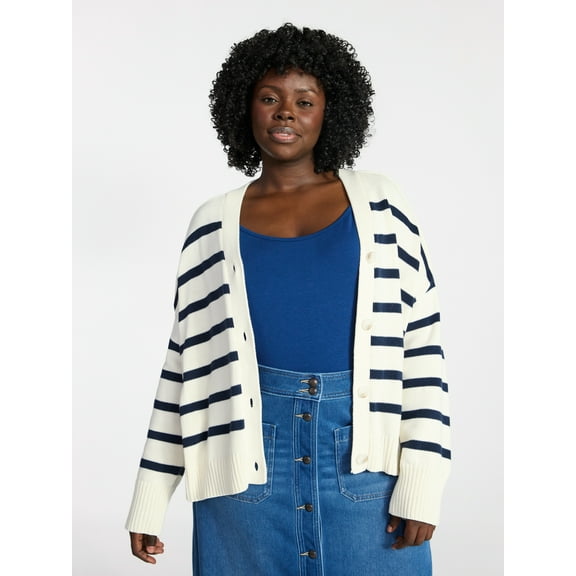 Terra & Sky Women's Plus Size Boyfriend Cardigan with Long Sleeves, Midweight, Size 0X-5X