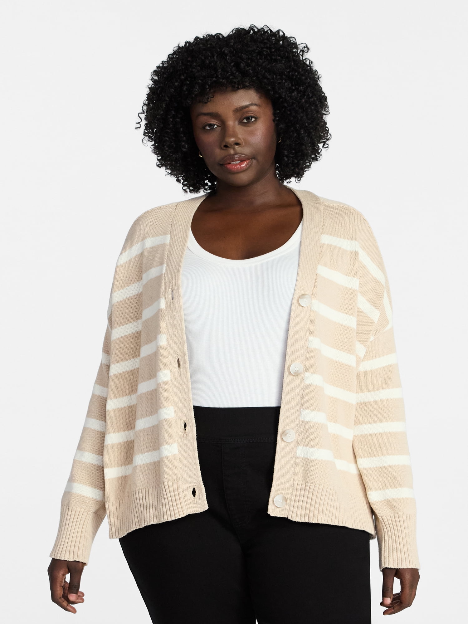 Terra & Sky Women's Plus Size Boyfriend Cardigan with Long Sleeves, Midweight, Size 0X-5X
