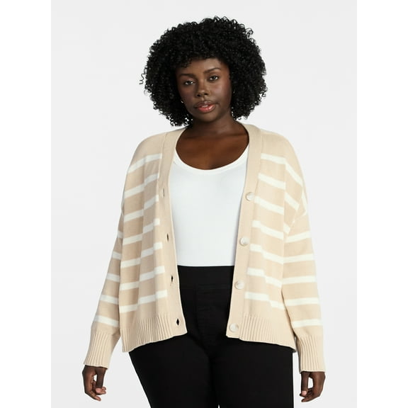 Terra & Sky Women's Plus Size Boyfriend Cardigan with Long Sleeves, Midweight, Size 0X-5X